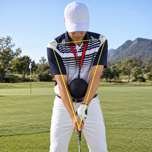 Golfer at address with the Unison Connection Ball held between his forearms, strap around the neck, keeping arms and chest connected